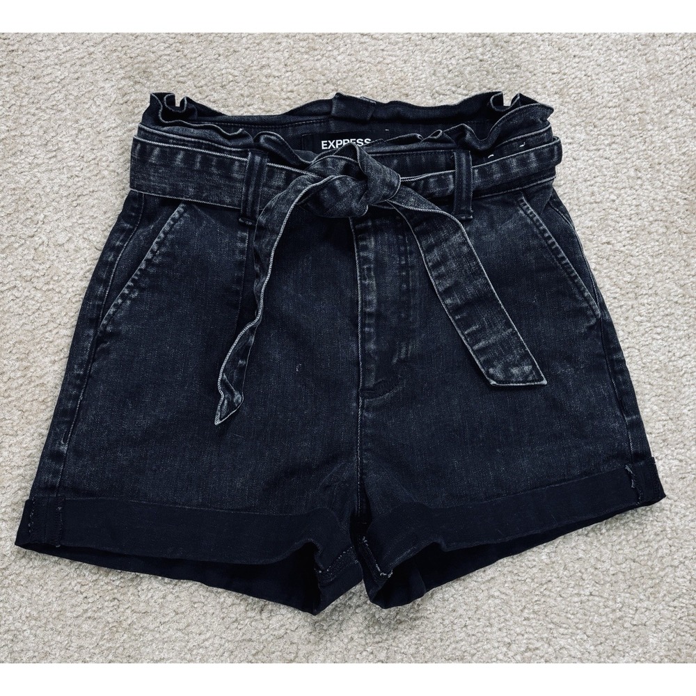 Express Shortie Extreme High Rise Womens Shorts 4 Black Belted Paperbag Denim